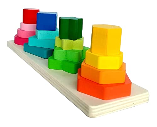 Smoneo Wooden Sorting & Stacking Toy, 4 Geometric Shape Sorter Toys for Toddlers, Montessori Color Recognition Stacker, Educational Blocks Puzzles 1-3 Years Old Age Kids (4 Shapes) (20 Pieces)