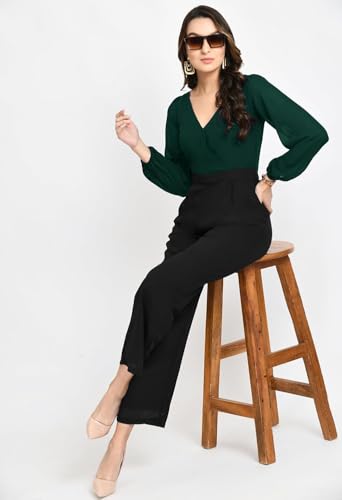 Image of V&M Women's Black V-Neck Jumpsuit | Full Sleeve Straight-Leg One-Piece with Side Pockets | Elegant Western for Office, Party & Evening Outfits