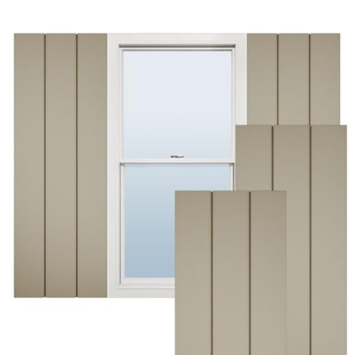 Ekena Millwork 16 1/2"W x 90"H Rustic Three Board Joined Board-n-Batten Smooth Faux Wood Shutters w/No Batten (Per Pair), Primed Tan