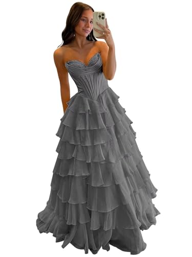 Mollyevers Strapless Corset Prom Dresses for Women Long Tiered Ruffle Chiffon Formal Evening Gowns with Slit