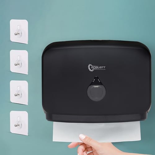 Image of Robustt Wall-Mounted V /N /M Fold Paper Hand Towel Dispenser - Black (with 4 Adhesive Hooks) | Large Capacity | Durable ABS Material | Water-Resistant | Push Button Lock (Pack of 1)