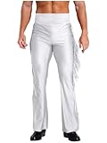 Sinleey Men High Waist Fringe Flared Pants Ballroom Dance Pants Modern Dance Pants Disco Trousers White Medium