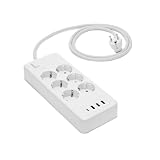 Amazon Basics - Multipresa a 6 Vie con Protezione da Sovratensioni, 4 Porte USB (1 USB-C, 3 USB-A), Prolunga, Cavo da 1,5m, 1050J, Bianco