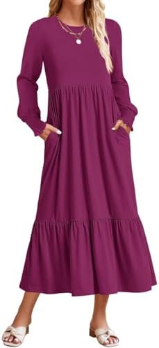 ZESICA Women's 2026 Spring Long Sleeve Dress Crewneck Casual A Li...