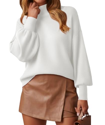 WEACZZY White Sweaters for Women Long Lantern Sleeve Mock Neck Oversized Pullover Sweater Knitted Fall Fashion Tops White S