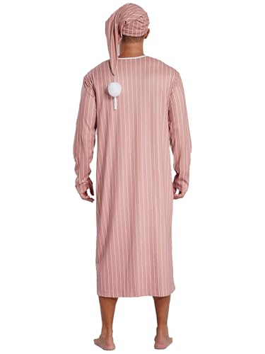 renvena Men's 2Pcs Pajamas Set Long Sleeve Striped Kaftan Sleepwear Night Shirt with Sleeping Cap2