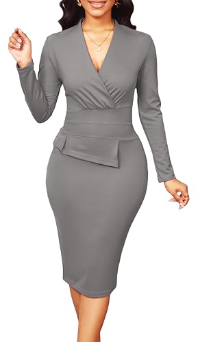 Image of SxClub Business Dresses for Women Elegant Long Sleeve Bodycon Pencil Knee Length Formal Dress for Evening Cocktail