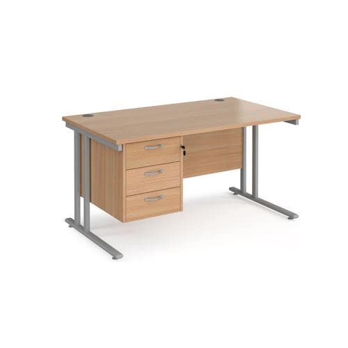Office Monster Cooper straight desk 1400mm x 800mm with 3 drawer pedestal - silver cantilever leg frame, beech top