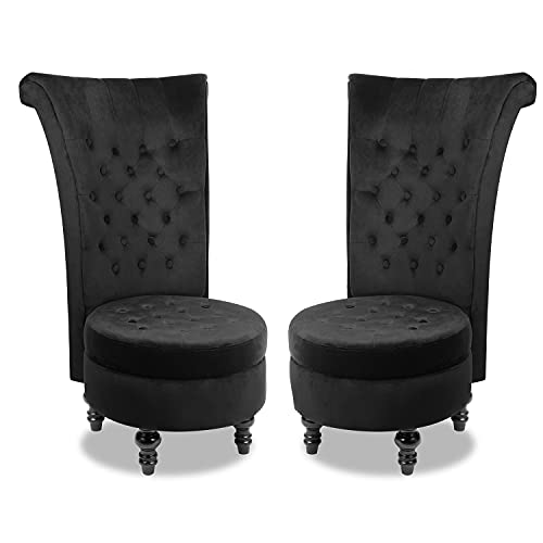 MU 2-Pack Dutch Velvet High Back Armless Chair, Retro Elegant Throne Chair, Upholstered Tufted Accent Seat with Storage for Living Room, Bedroom, Black