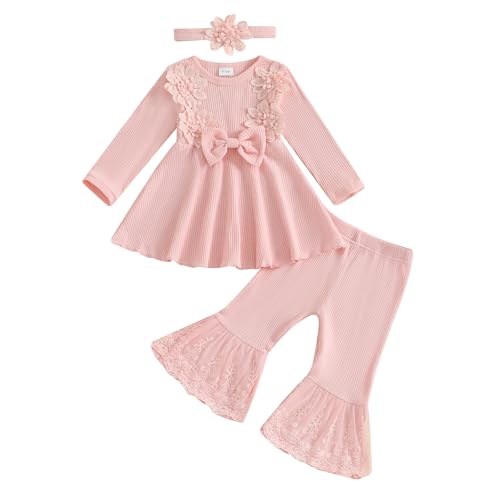 Baby Girl Fall Outfits Toddler Girl Clothes Flower Dress Lace Dresses Bow Sweatshirt Flared Pants Clothing Set