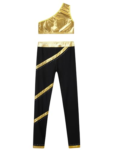 Kids Girls Gymnastic Yoga Jumpsuit Set Shiny Metallic One Shoulder Crop Top with Legging Ballet Dance Outfit3