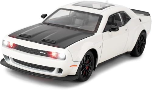 Image of 1 /24 Dodge Challenger Hellcat Model Car, Zinc Alloy Pull Back Toy car with Sound and Light for Kids Boy Girl Gift (White)