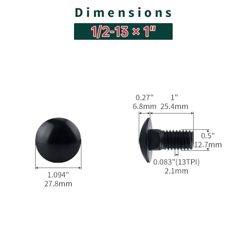 Image of 1 /2-13 x 1 Black Carriage Bolts with Nuts and Washers Kits (8 Sets), 304 Stainless Steel 18 /8, Black Finish, Round Head, Square Neck, Heavy Duty Bolts, Indoor Outdoor Fastening Bolts, Fayeploo