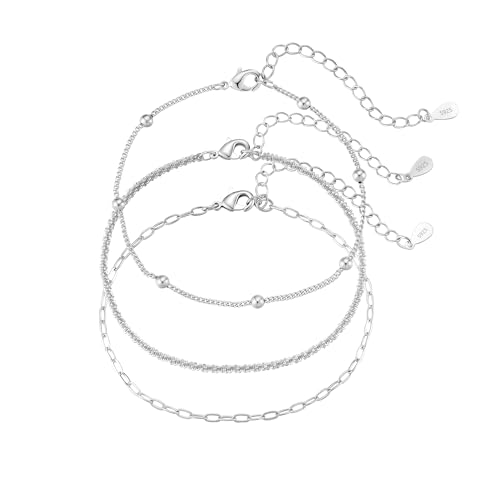 Diorra 3 Stück Armband Damen Silber, 925 Sterling Silber Armband Set Verstellbare Stapelbare Figaro Perlen Ketten Armbänder Schmuck Geschenke für Frauen