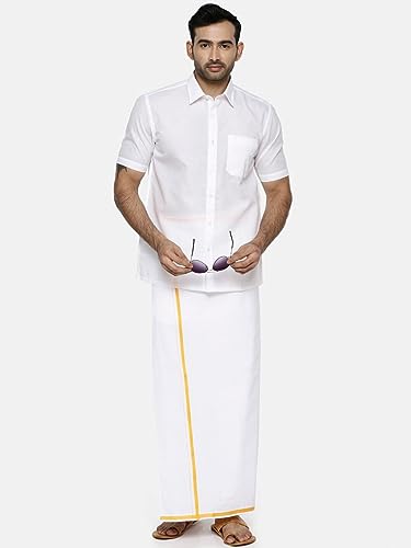 Image of RAMRAJ COTTON Mens Solid Regular Fit Half Sleeve Ethnic White Cotton Shirt