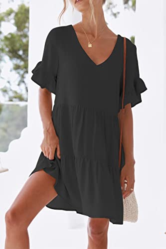 nclook Womens Summer Casual Dresses Sweet Cute V Neck Mini Dress with Pockets Ruffle Short Sleeve2