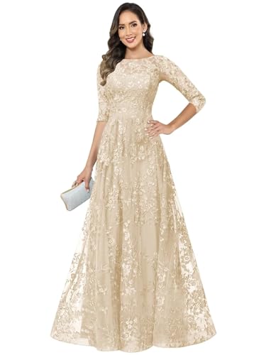 Mother of The Bride Dresses with 3/4 Sleeve Lace Appliques Crew Neck Wedding Guest Formal Gown4