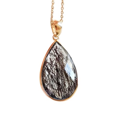 Collar de rutilo negro natural colgante de pera plata de ley 925 joyeria espiritual