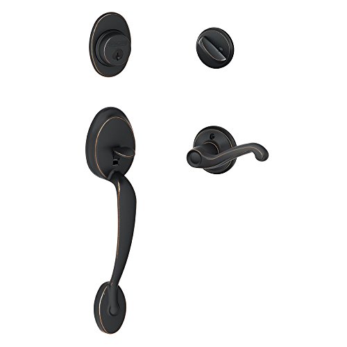 Image of SCHLAGE Plymouth Single Cylinder Handleset and Left Hand Flair Lever, Aged Bronze (F60 PLY 716 FLA LH)