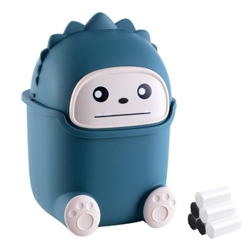 Image of Cute Desktop Trash Can Plastic Creative Mini Lovely Living Room Dining Table Wastebasket with Lid Small Plastic Storage Bin for Home Children Bedroom (Dark Blue Monster)