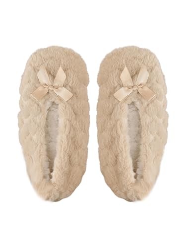 OYOANGLE Women's Bow Furry House Slipper Socks Closed Toe Non-Slip Fuzzy Warm Slippers
