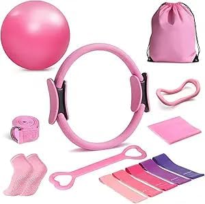 Home Pilates Kit for Women Pilates Equipment Ring and Ball Set Magic Circle Hoop with 5 Resistance Bands Compact Fitness Essentials Starter Set Accessories