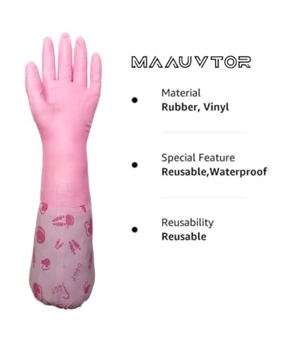 Image of Reusable Heavy Duty Hand gloves for Dishwashing, gardening, kitchen cleaning Non-Slippery & Durable Long Elbow Length(Inner cotton lining for comfort), 1 Pair (Fruit Pink)