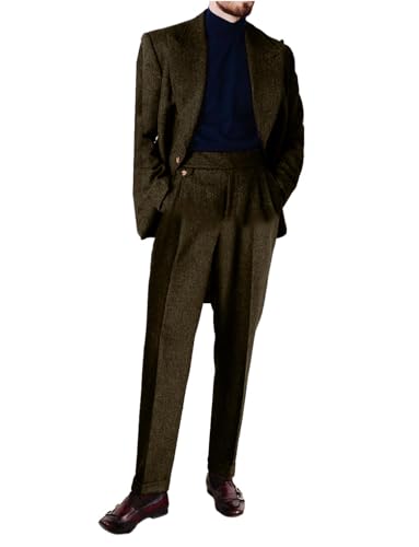 Retro Mens Suit Tweed 2 Piece Formal Jacket Pants Set Lapel Coat Trousers Tuxedos Banquet Party