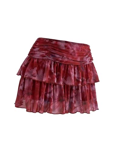 Verdusa Women's Y2K Ruched Floral Mesh Skirt Party Club Layered Ruffle A Line Mini Skirts