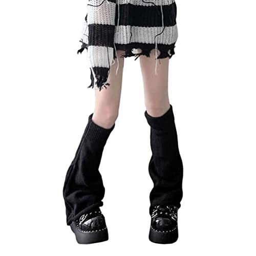 shownicer Japanische Beinstulpen Damen Teenager Mädchen Gothic Strick Lange Socken Kawaii Häkeln Beinwärmer 80er Harajuku Gestrickte Warme Oberschenkel hohe Socken A Schwarz Einheitsgröße Cover