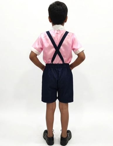 Image of BookMyCostume Boy Dangri Style Costume Set | Pink Shirt with Denim Dangri Style Shorts & Colorful Tie | Fancy Dress Costume for Role Play | Boys | 8-10 Years