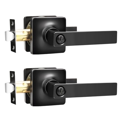 Image of GOBEKOR Matte Black Door Handles with Lock, Modern Square Keyless Privacy Door Levers for Bedroom Bathroom, 2 Pack