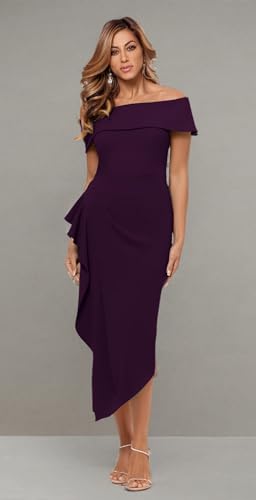 Betsy & Adam Women's Midi Off Shoulder Scuba Crepe Side Ruched Dress4