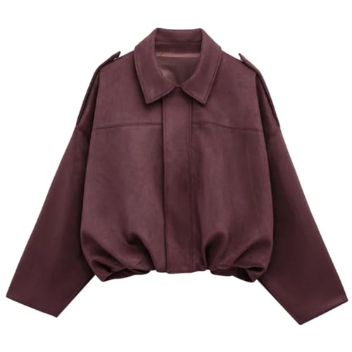 Women Solid Lapel Suede Jacket Coat Long Sleeve Zipper Cropped Loose Jackets Outerwears