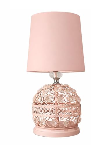 Image of Modern Crystal Table Lamp with White Fabric Shade | Small Contemporary Bedside Nightstand Lamp | Pink Base | Minimalist Desk Globe Light
