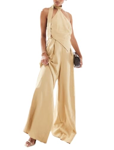 Wuitrie 2 Piece Sets for Women Going Out Tie Up Backless Halter Tops Wide Leg High Waisted Pants Business Casual Work Outfits