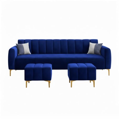Image of Habibi 5 Seater L Shape Sofa Set with 2 Movable Ottomans | Flexible Layout | Rich Velvet Suede Fabric | Silver Legs | Modern Sofa for Living Room (Dark Blue)