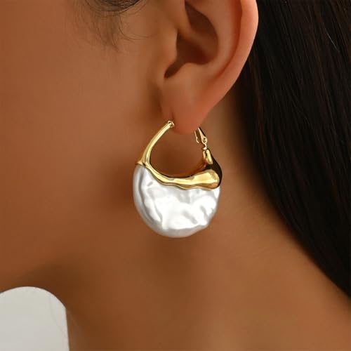 Trendy Gold Half Round Moon Pearl Earrings Statement for Women, Charm Vintage Unique Chunky Irregular Pearl Hoop Earrings Dainty Valentine Jewelry Gift3