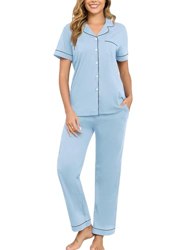 Image of Veseacky 100% Cotton Pajamas for Women Set Short Sleeve Button Down Sleepwear Soft 2 Piece Summer Pjs Lounge Sets S-XXL