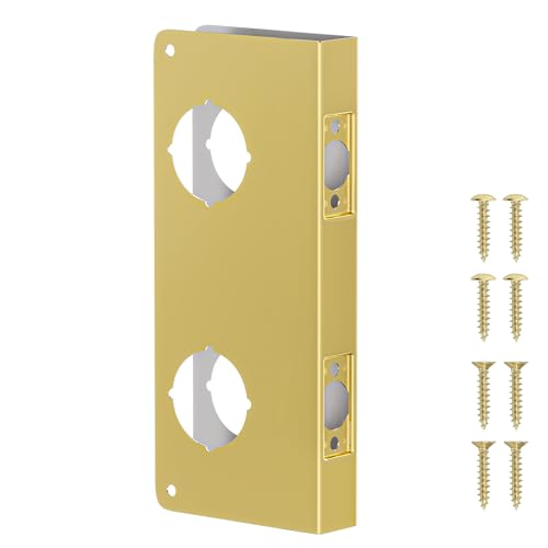 naubea Double Hole Door Knob Reinforcement Plate, Polished Gold, Fits 1-3/8" Doors, 2-3/4" Backset, Door Lock and Door Knob Cover Plate, Deadbolt Cover Plate Reinforce and Repair Wood or Metal Doors
