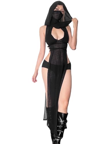 Rave Outfits for Women High Split Slim Hooded Black Knit Dress Cover Ups Streetwear3