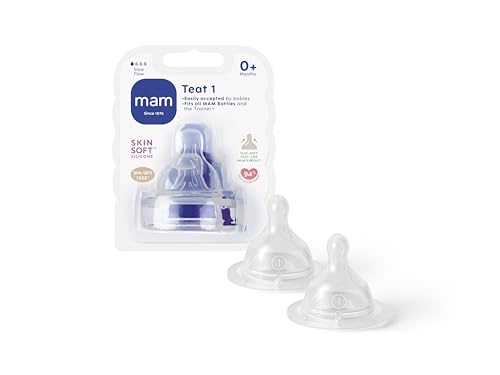 MAM Teats Size 1, Suitable for Newborns, Slow Flow SkinSoft Silicone Teats for Baby Bottles, Fits all MAM Bottles, Baby Feeding Essentials, Pack of 2