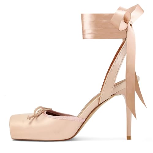 Satin Ballet Heels for Women with Bow Square Toe Ballerina Stiletto Heels Lace Up High Heel Slingback Pumps Strappy Mary Janes Cute Elegant Party Shoes