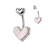 Amelia Fashion 14 Gauge Double Heart Belly Button Ring With Mother of Pearl Heart 316L Stainless Steel (Pink)