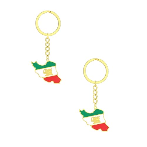 Lot de 2 porte-clés vintage en forme de carte de l'Iran, bijoux en acier doré et argent, cadeau pour femme et homme, doré, taille unique