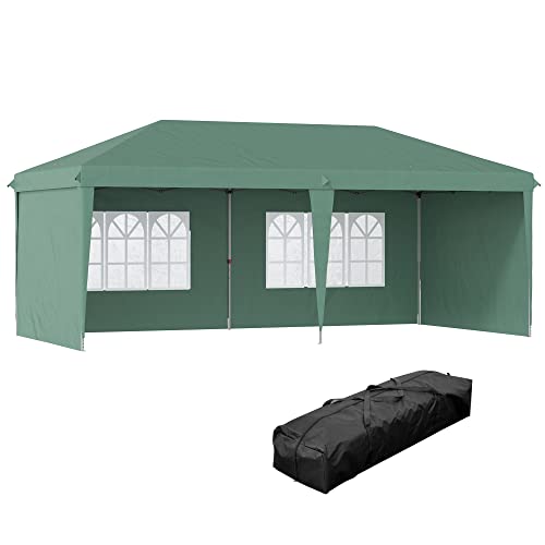 Outsunny 10' x 20' Pop Up Canopy Tent with 4 Sidewalls, Heavy Duty Tents for Parties, Outdoor Instant Gazebo with Carrying Bag for Garden, Patio, Green