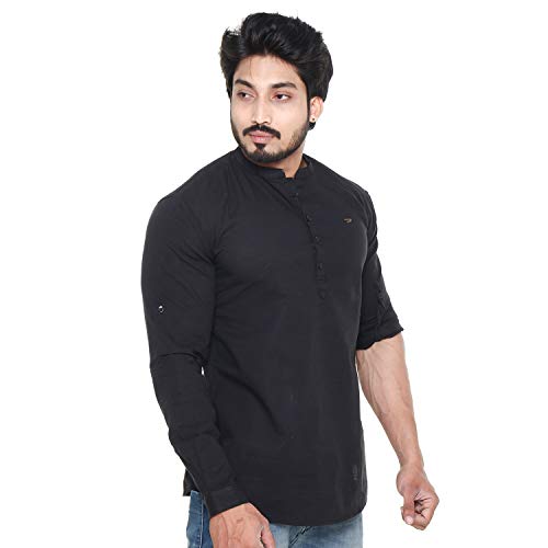Image of Men's Linen Chinese Collar Full Sleeve Plus Size Short Kurta