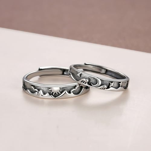 Image of Beydodo 925 Silver Rings Custom Adjustable Sun and Moon Matching Rings Engraved I Love You Couples Rings Wedding