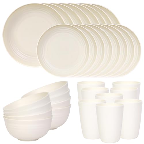 Image of Quatish 32 Piece Plates and Bowls Sets for 8, Unbreakable Dinnerware Sets, Dish Set for Camping, Dishwasher Microwave Safe, Outdoor Kitchen and Apartment Dorm Dinning RV Essentials, Beige
