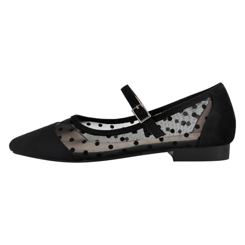 Polka Dot Pointed Toe Flat Shoe Hollow Out Mesh Mary Jane Ballet Mary Jane Flats for Women Dress Casual Breathable Flat